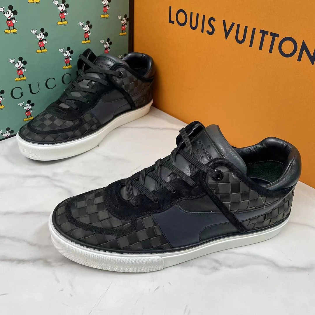 LouisVuitton/路易威登黑色棋盘格编织面休闲板鞋/欧码40.5/95新
