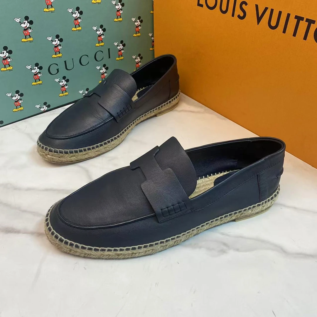 Hermes/爱马仕黑色皮面渔夫编织鞋底潮流百搭一脚蹬/41码/95新