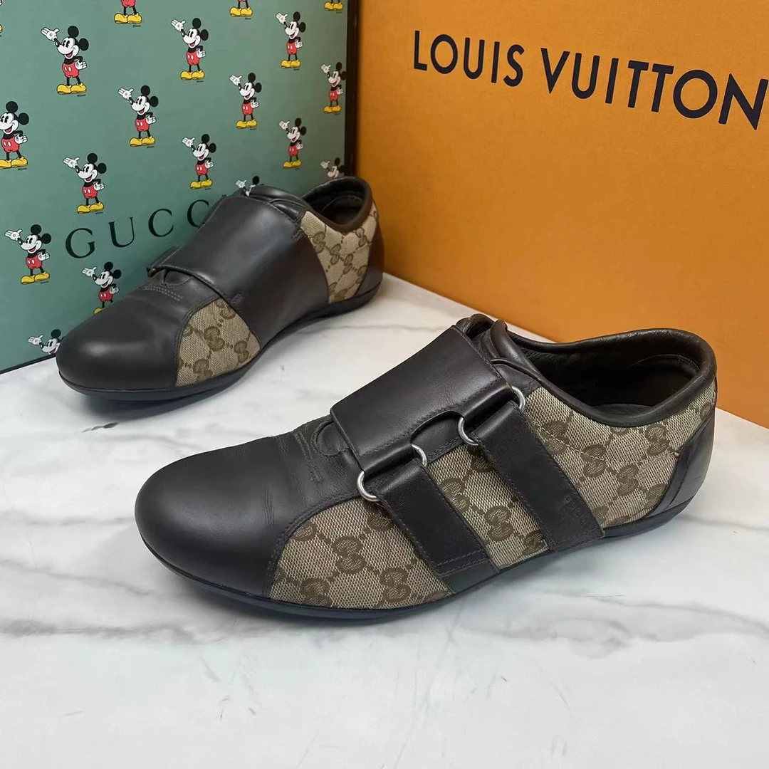 95新 GUCCI/古驰 棕色老花帆布拼接魔术贴休闲百搭板鞋/多个码数