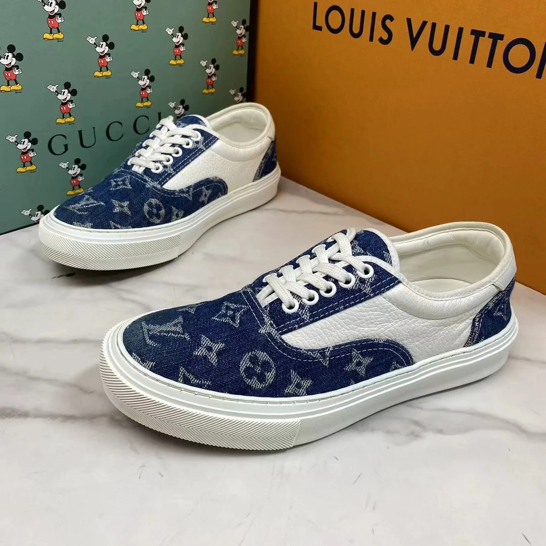 LouisVuitton/路易威登牛仔蓝白配色帆布老花刺绣板鞋/39码/95新