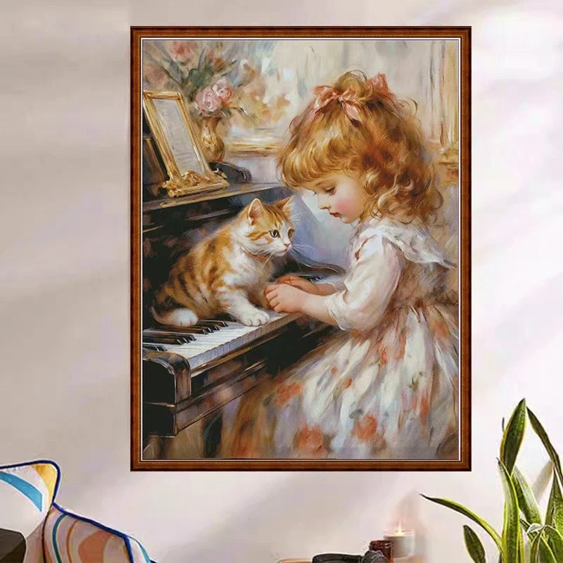 法国DMC十字绣-钢琴女孩猫咪