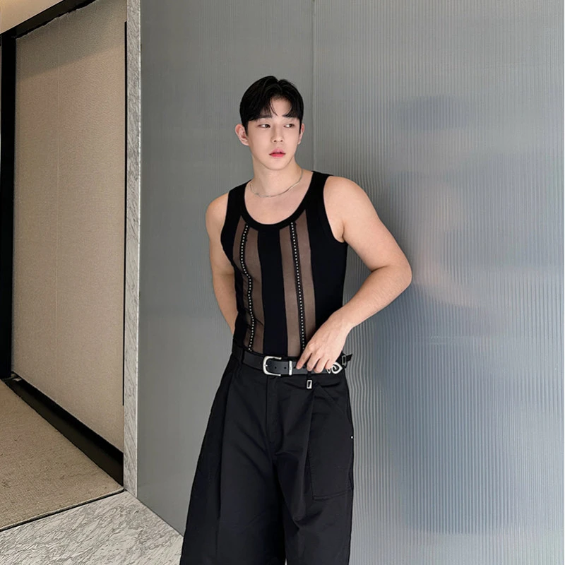 夏季新款设计感镂空透视背心男款禁欲系小众气质无袖坎肩上衣