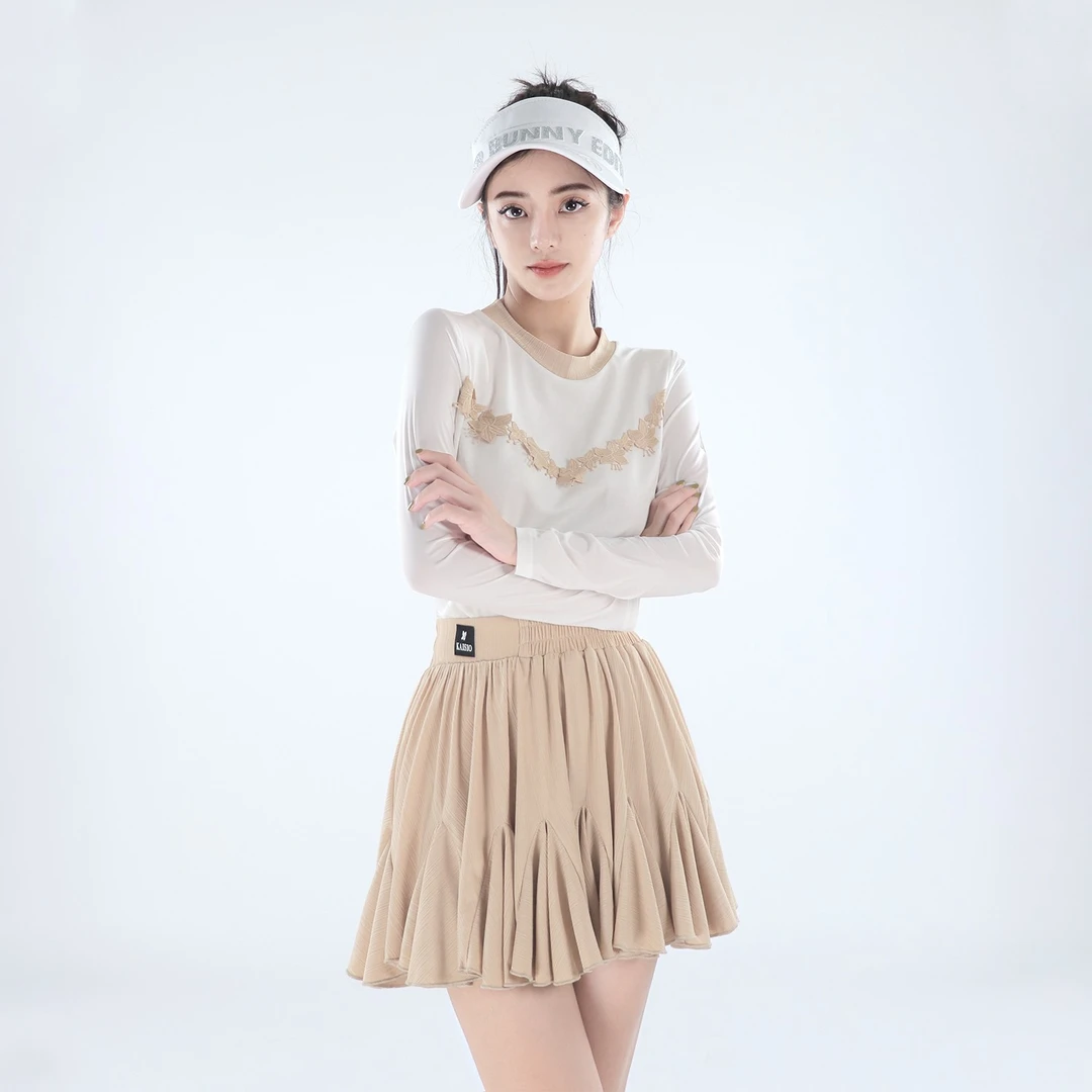 KAISIO高尔夫女装夏季新款蕾丝花边拼色长袖上衣