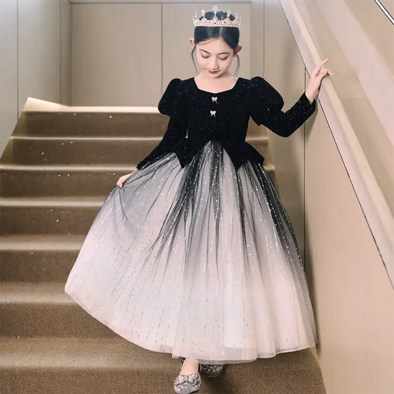 女童主持人走秀生日晚礼服花童婚礼小女孩公主裙钢琴演出服长袖