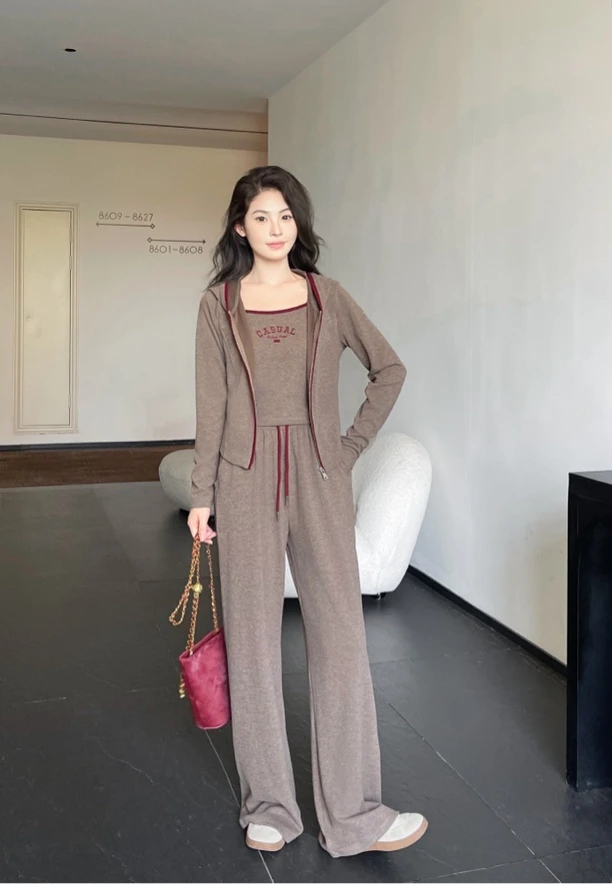 【肉总】欧货连帽开衫吊带打底阔腿裤洋气三件套