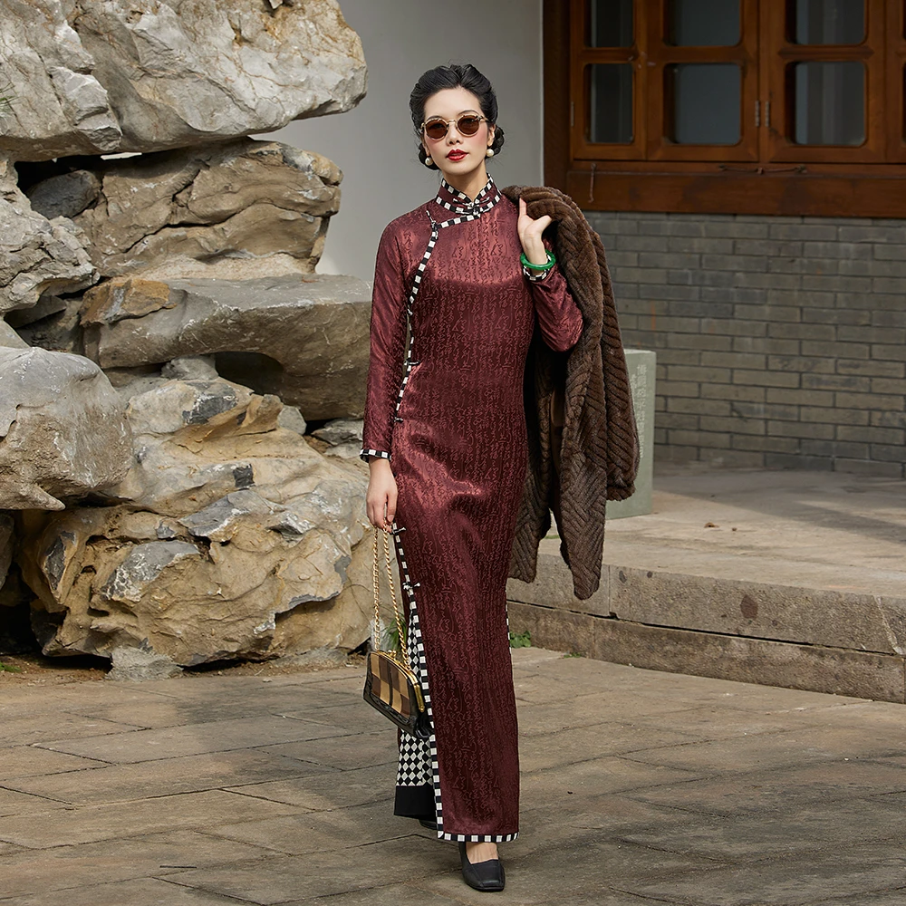 记忆胡同 top ulara民国复古书法千字文摩登宽绲秋款古法长袖旗袍