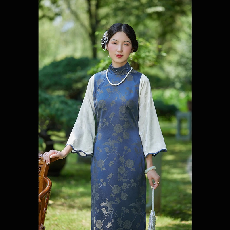 有凤来仪 top ulara 提花手工钉珠花瓣筒子领假两件无省旗袍