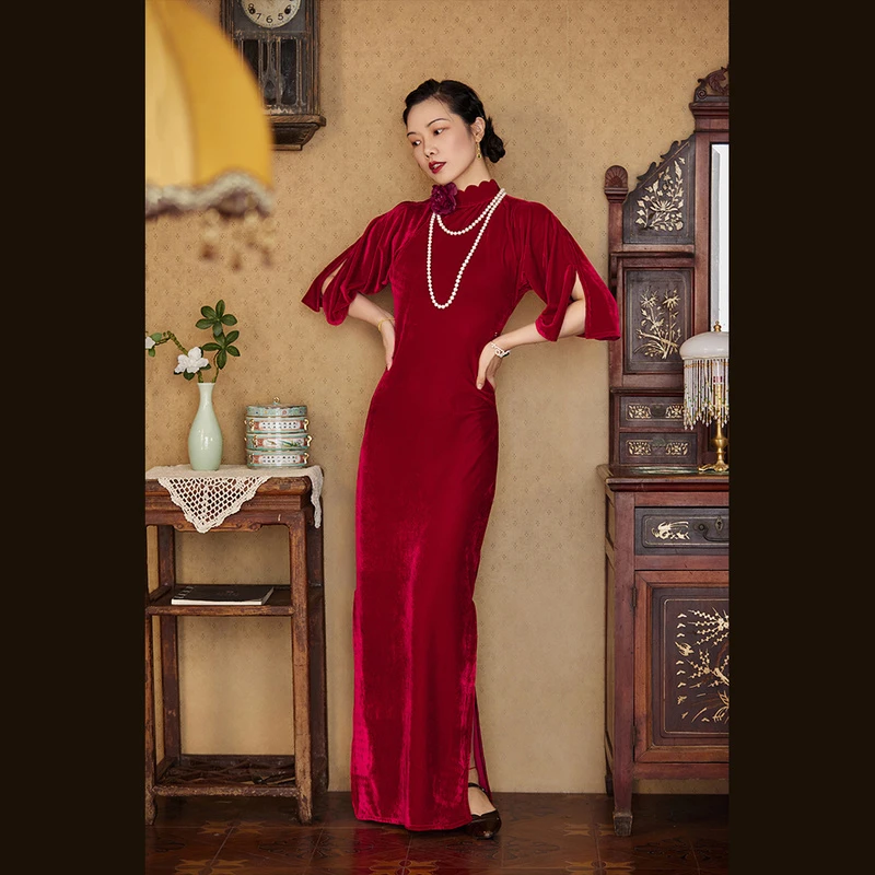 凝脂晚宴 ulara 复古波浪领敬酒服红丝绒礼服改良旗袍连衣裙