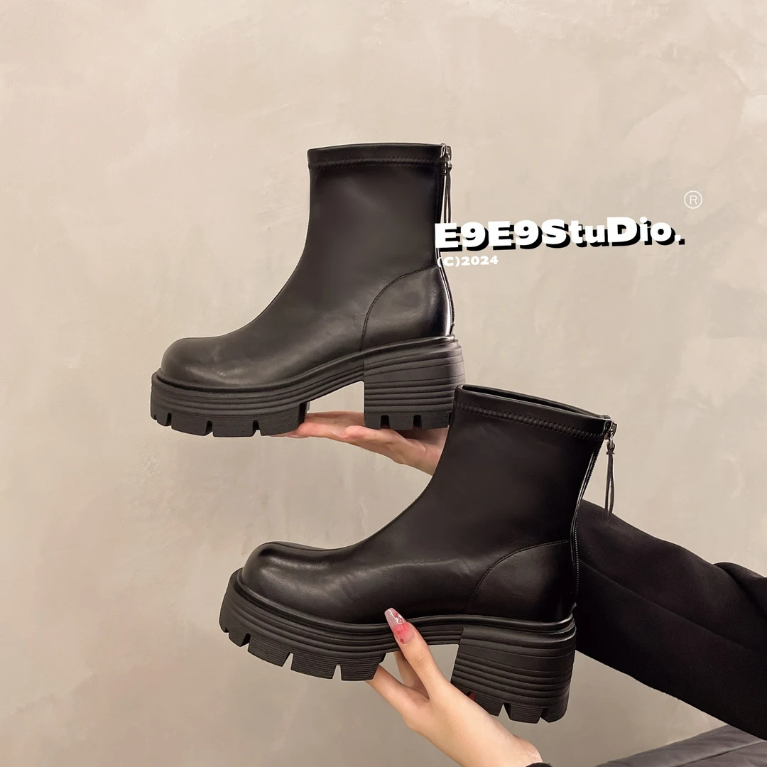 【新款短靴】女士秋冬英伦风时尚百搭显瘦方跟厚底28-538