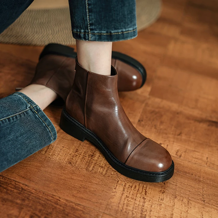 水洗做旧头层牛皮短靴百搭真皮复古厚底英伦风马丁靴秋冬平底靴子