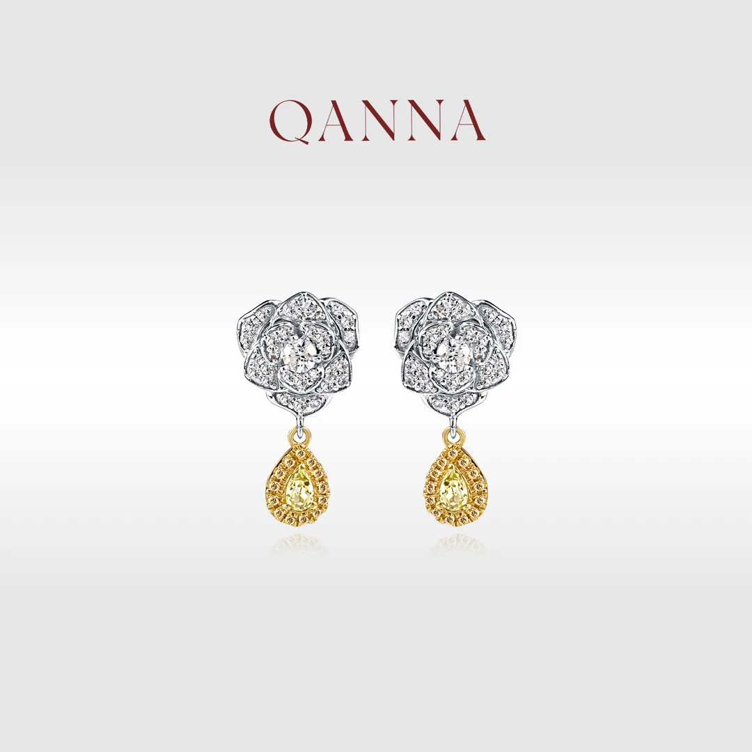 QANNA【1.2克拉 水滴玫瑰花黄钻】18K金小众高级花朵钻石耳钉AF