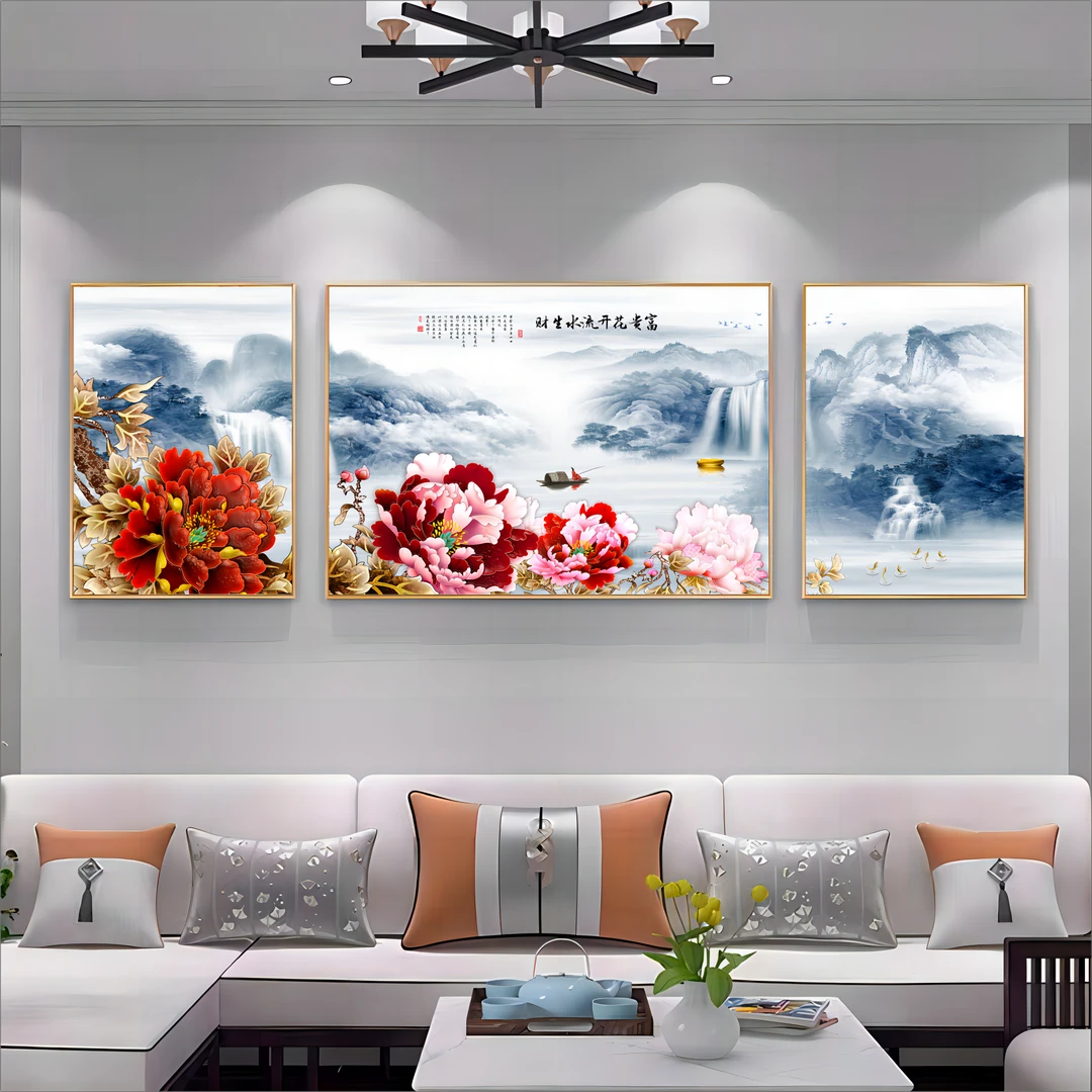 东墙山水轻奢三联画花开富贵新中式客厅沙发背景墙挂画晶瓷装饰画