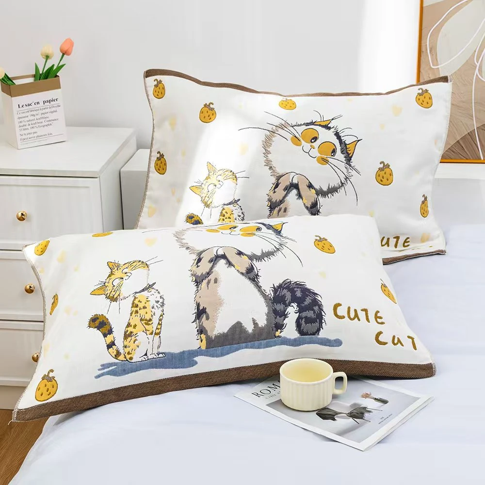 【北奈かわ会社】纯棉纱布透气加厚吸汗枕头巾 52*78 快乐小猫