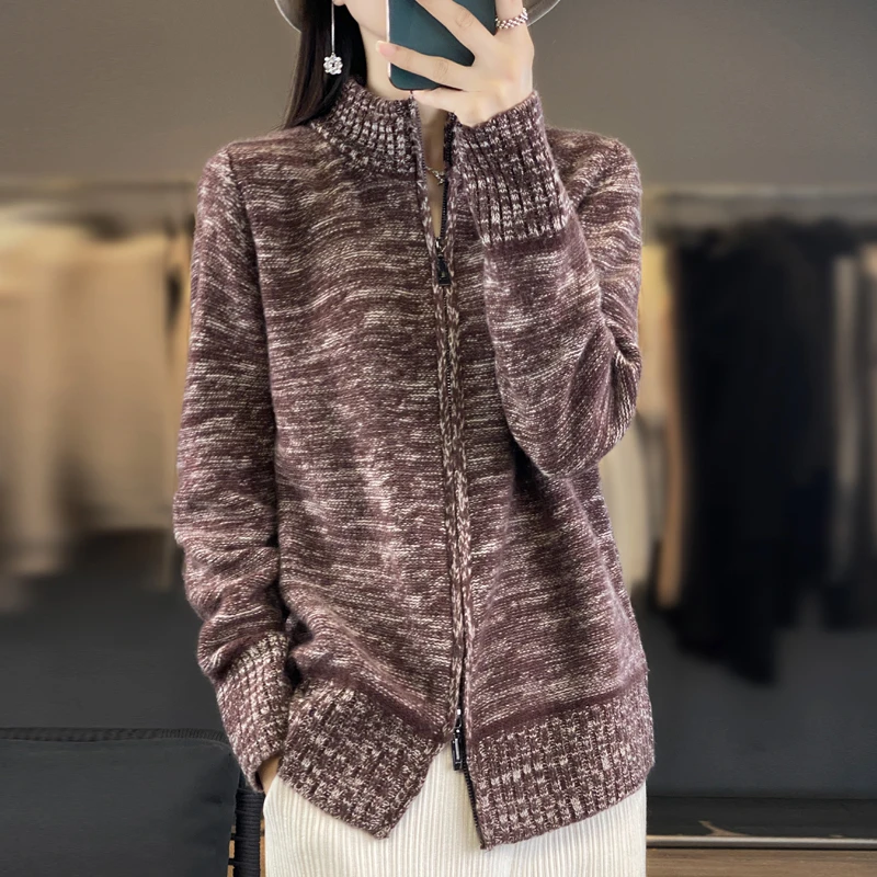 秋冬新时尚半高领开衫女长袖毛衣宽松百搭加厚100羊毛针织外套600