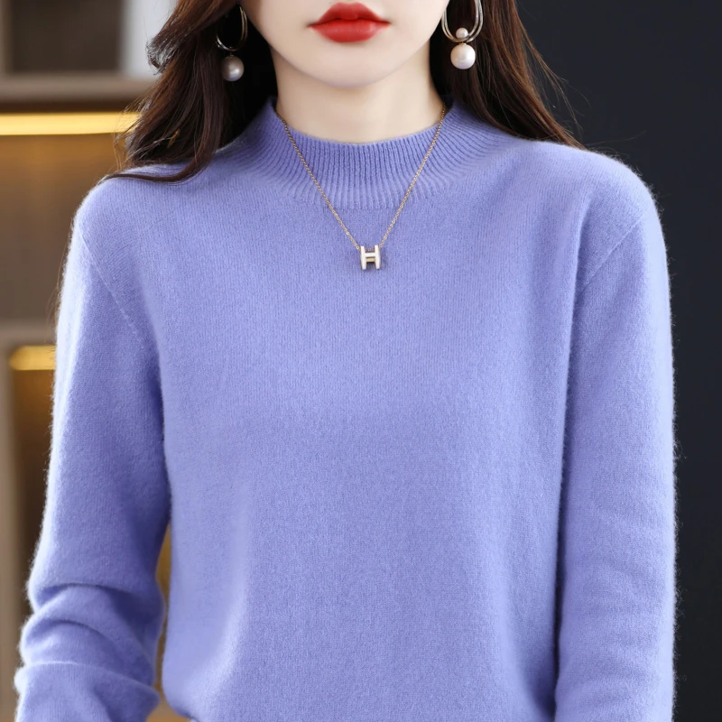 一线成衣100羊毛针织半高领百搭女秋冬季毛衣纯色打底衫一线成衣