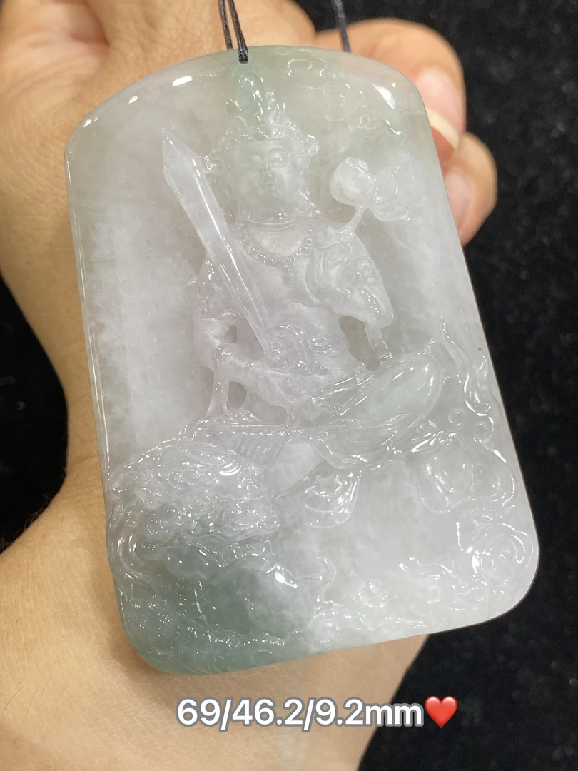 缅甸翡翠A货文殊菩萨生肖兔守护神大牌子挂件玉石天然包邮证颈饰