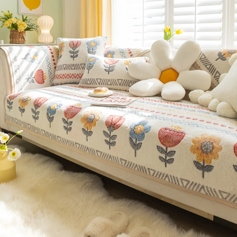 毛绒沙发垫冬季防滑坐垫子北欧简约加绒加厚牛奶绒珊瑚绒沙发套罩