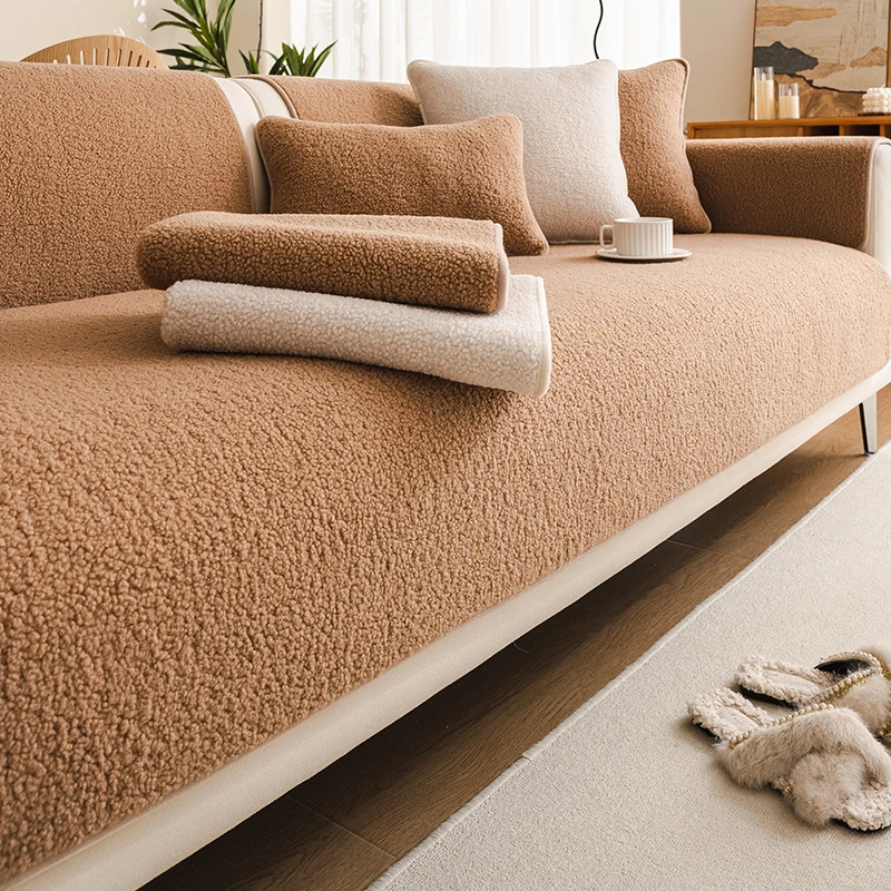 北欧简约沙发垫冬季毛绒泰迪绒纯色轻奢风防滑保暖加厚皮沙发套罩