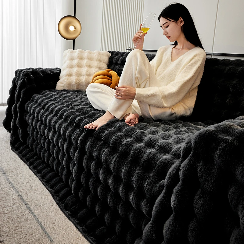 泡泡兔毛绒沙发盖布冬季毛绒加厚防滑坐垫子沙发套罩盖巾全包新款