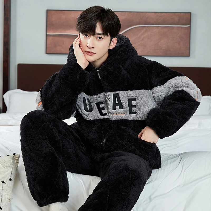 冬款睡衣男款三层加厚珊瑚绒冬季加绒新款大码高档爆款外出家居服