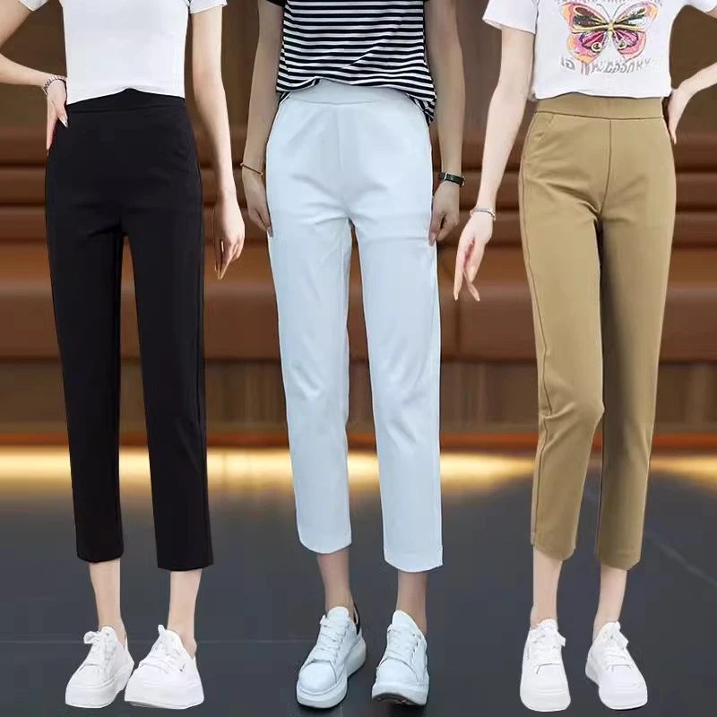 夏季女士休闲小直筒裤薄百搭显瘦小个子西裤八分裤高腰垂感烟管裤