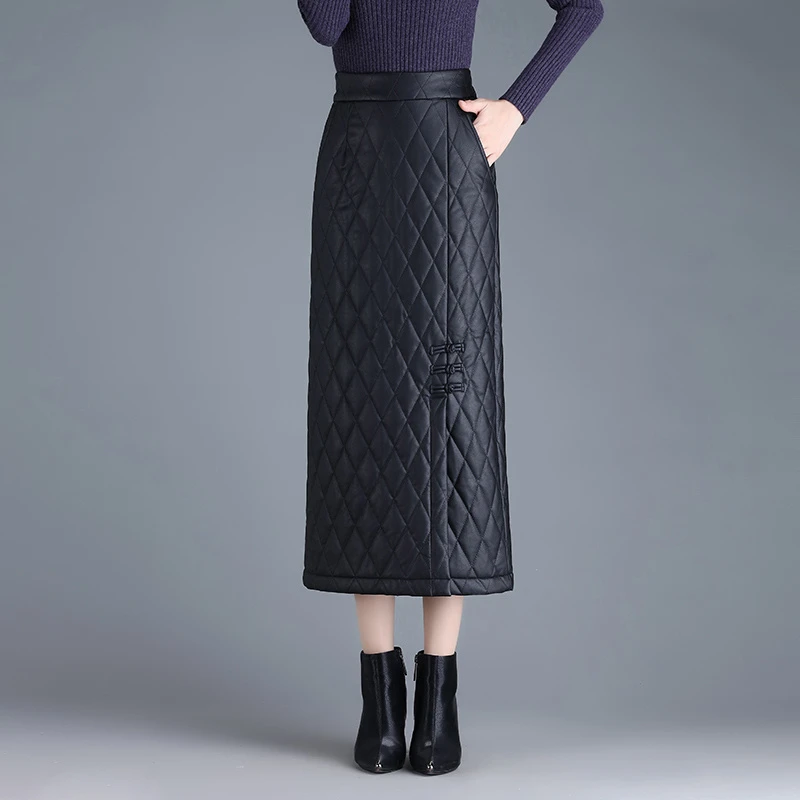 加棉加厚直筒长裙pu皮裙女半身裙秋冬新款高腰显瘦开叉一步包臀裙