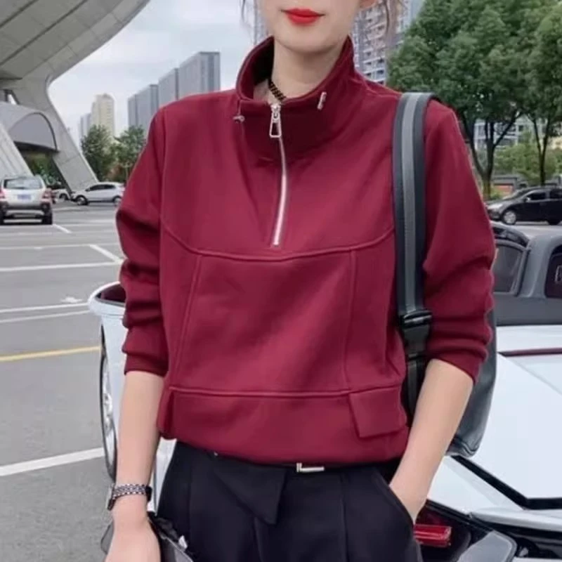 半拉链卫衣女2024秋冬新款加厚韩版休闲时尚小众拼接设计百搭上衣