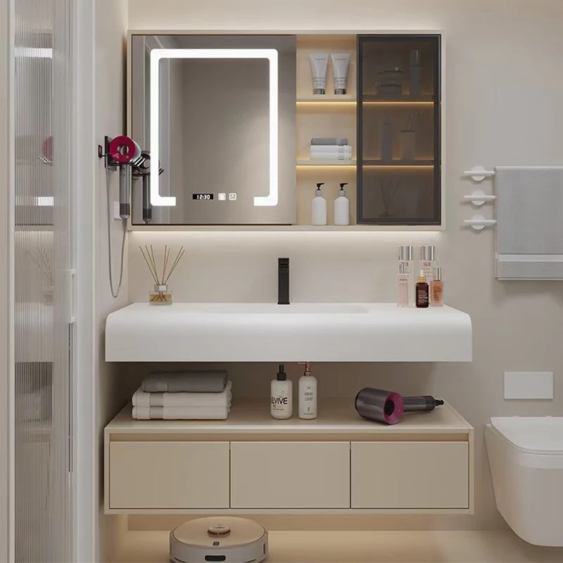 【新款-奶油风】轻奢双层酒店款圆弧可丽耐一体盆悬挂式智能浴室柜