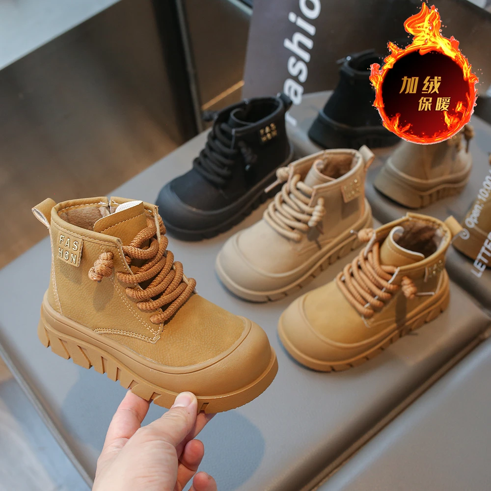 女童加绒马丁靴儿童保暖皮靴秋冬新款男童休闲大黄靴中大童鞋Y66