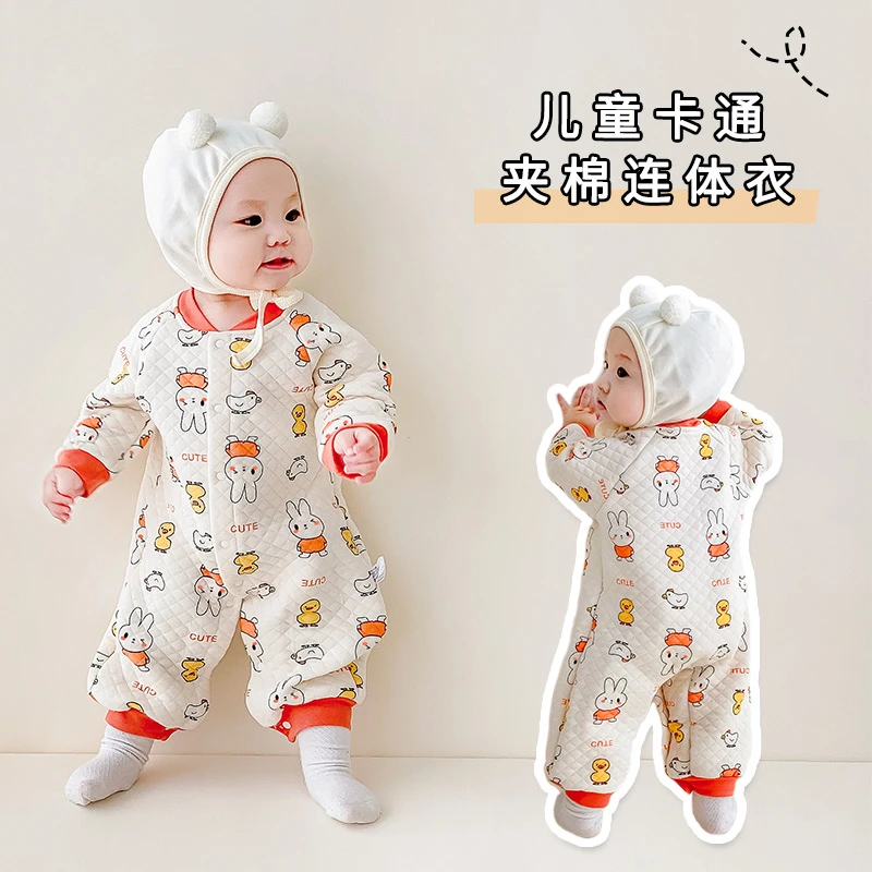 婴幼儿夹棉连体衣卡通哈衣三层保暖空气棉秋冬加厚休闲爬服睡衣