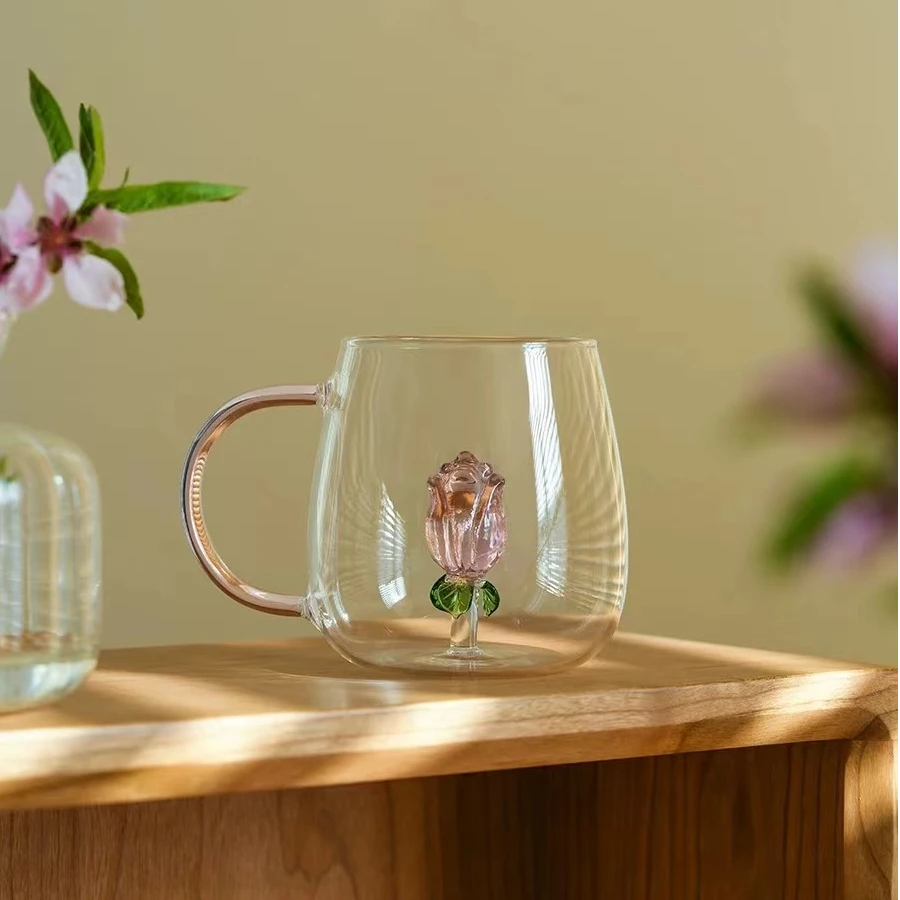 于舒立体玫瑰花粉把玻璃水杯