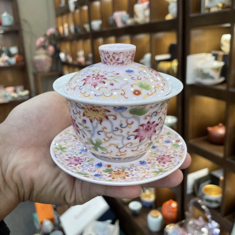 商品粉色珐琅彩三才盖碗缠枝描金茶具陶瓷手工瓷盖碗手绘(DP)
