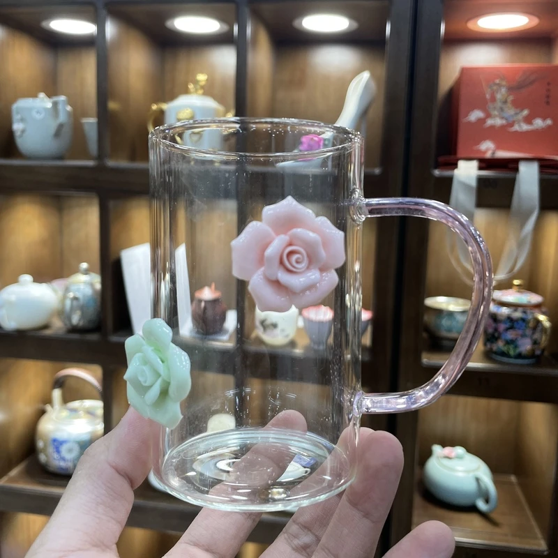 可加热高硼硅玻璃水杯密捏花办公杯茶杯