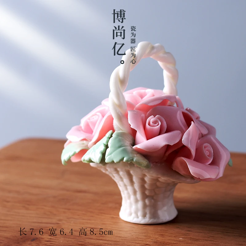 非遗纯手工捏花玫瑰小花篮迷你少女心ins摄影道具摆件客厅卧室