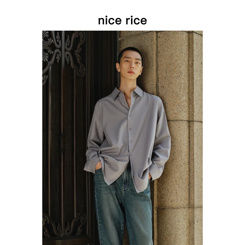 nice rice好饭 棉质绒布微弧下摆宽松翻领休闲长袖衬衫NGQ03032
