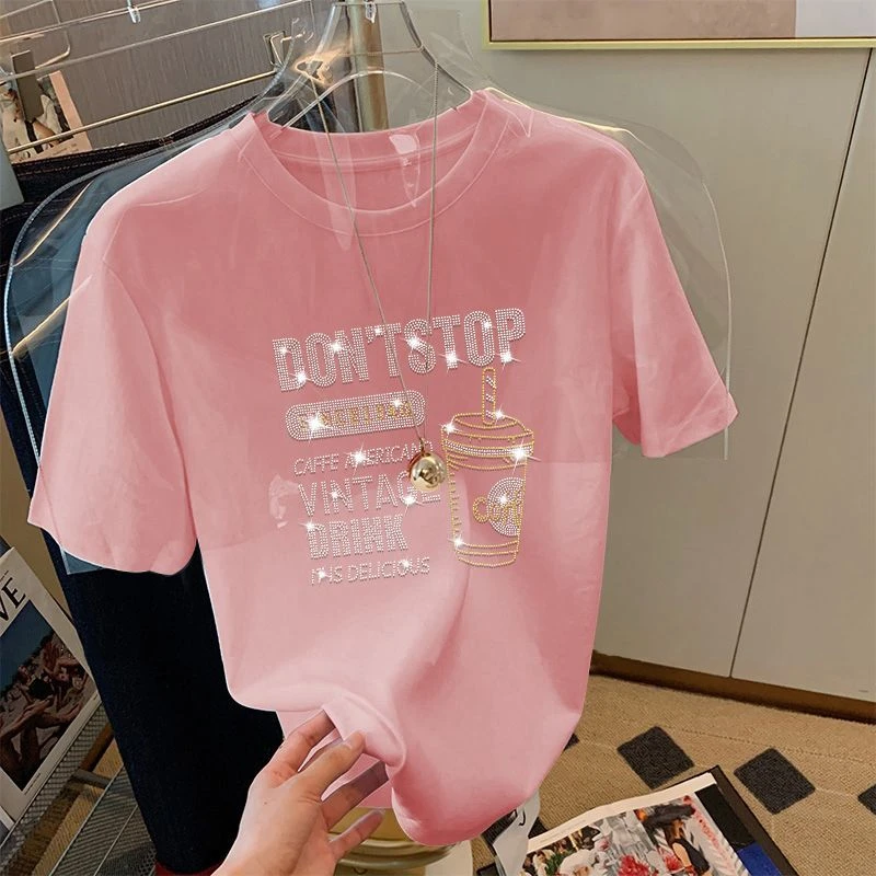 夏季新款白色短袖t恤女宽松爆款圆领半袖正肩上衣粉色t恤女女款