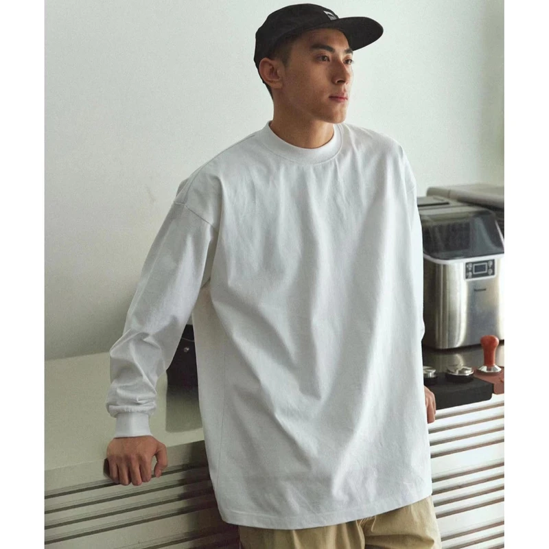 重磅纯棉T恤长袖打底衫男秋季圆领内搭外穿宽松休闲纯色打底衣