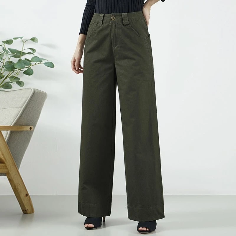 新款春秋女裤高腰直筒裤宽松大码百搭休闲文艺裤子阔腿裤军绿长裤