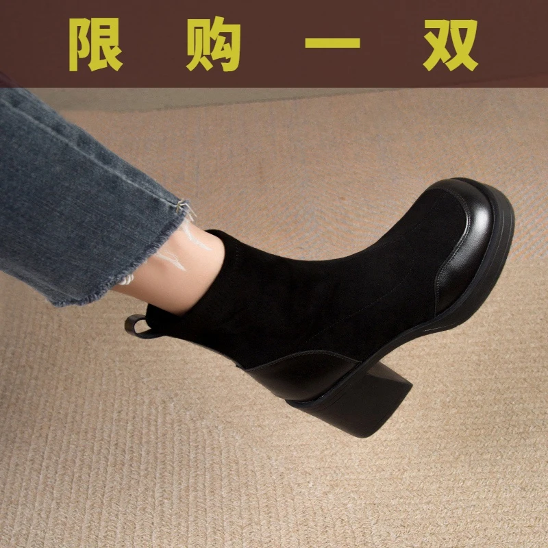 国货潮牌黑色法式复古高跟短靴女2023新款超火弹力瘦瘦单靴厚底鞋