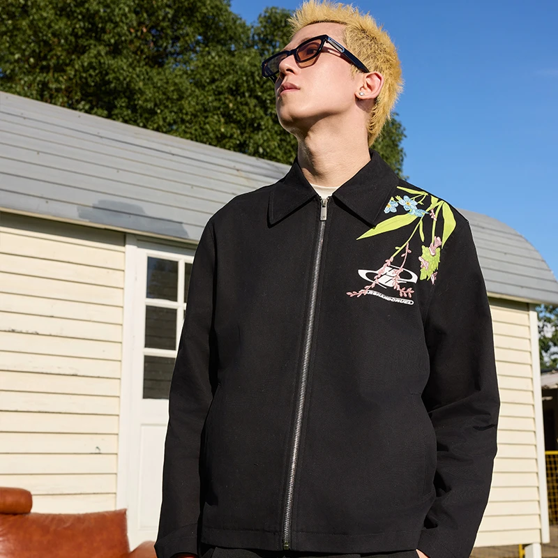 HACR新中式花卉刺绣斜纹挺阔拉链HACR短外套夹克