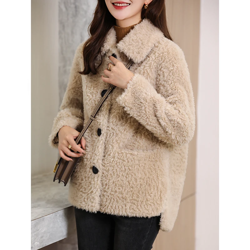 海宁颗粒羊剪绒大衣女短款2022年新款韩版小个子外套冬226618