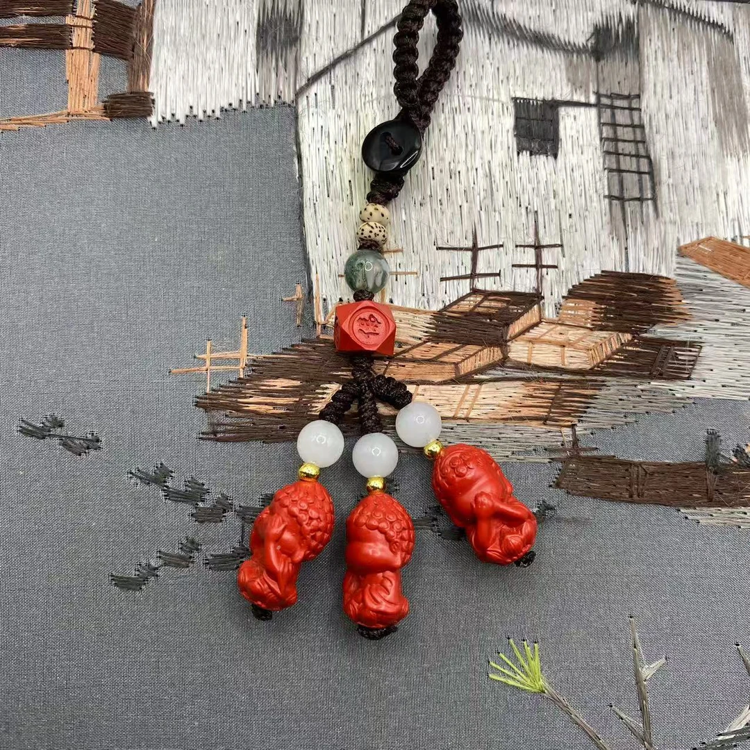 含辰砂工艺品高含量朱砂红砂设计款三不佛钥匙扣爆款