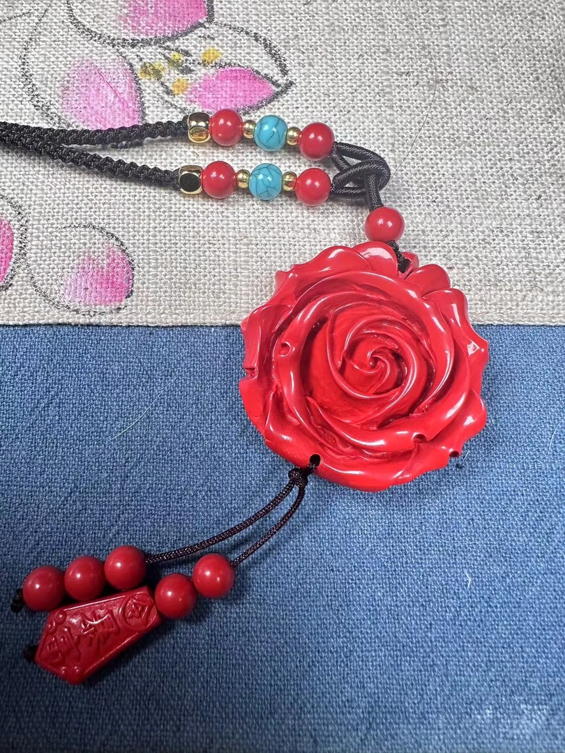 含辰砂工艺品高含量朱砂26红砂设计款玫瑰花吊坠