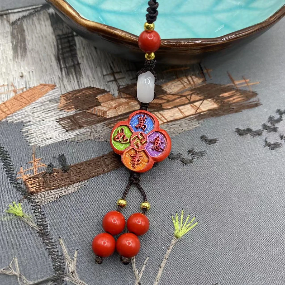 含辰砂工艺品高含量朱砂红砂设计款彩绘万事如意手机挂