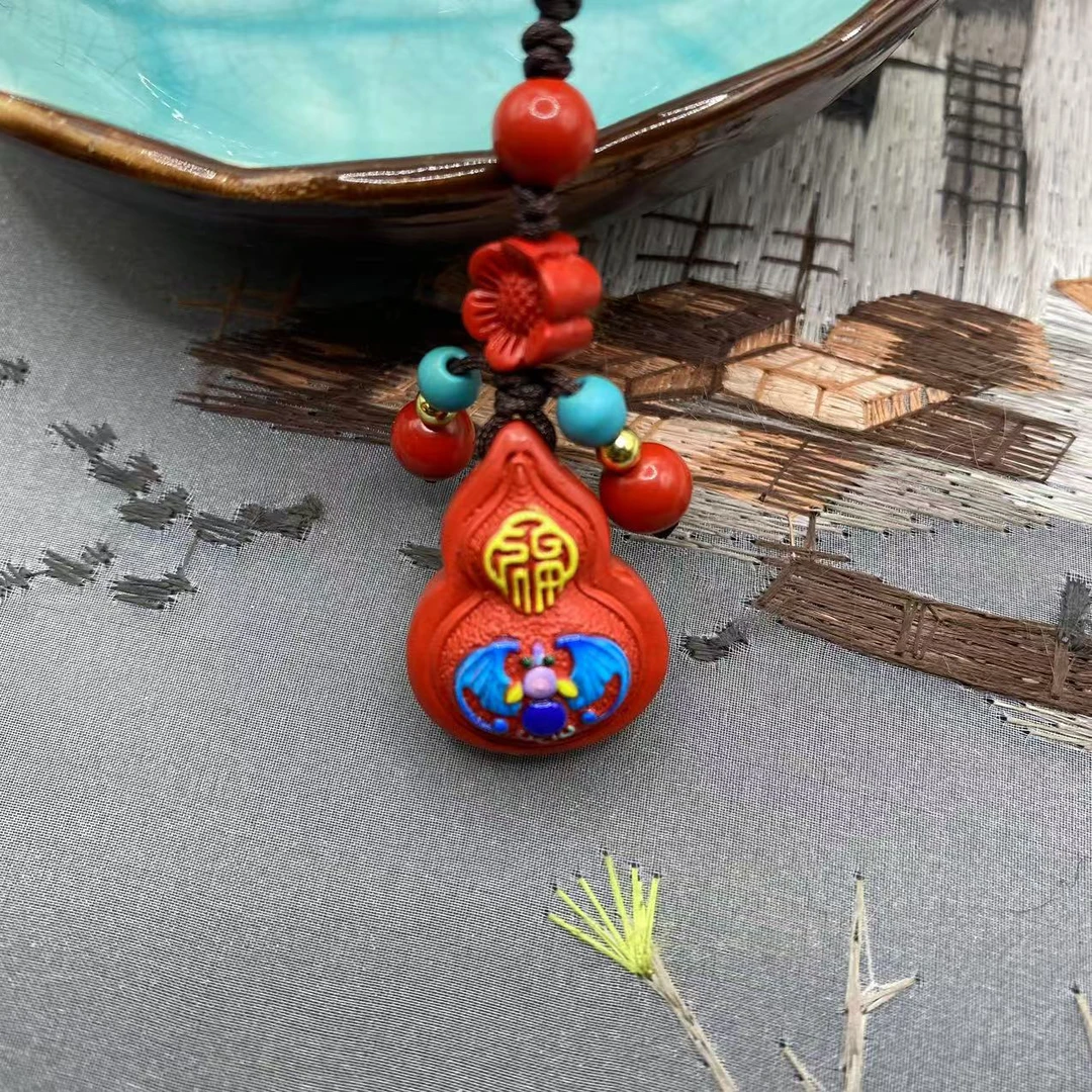 含辰砂工艺品高含量朱砂红砂设计款彩绘福禄双全爆款葫芦钥匙扣