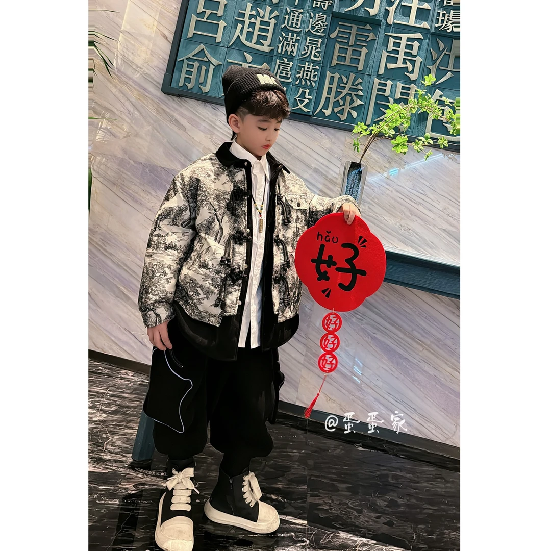 蛋蛋他爹【山水国画】冬季新款时尚年货黑白国画盘扣儿童外套