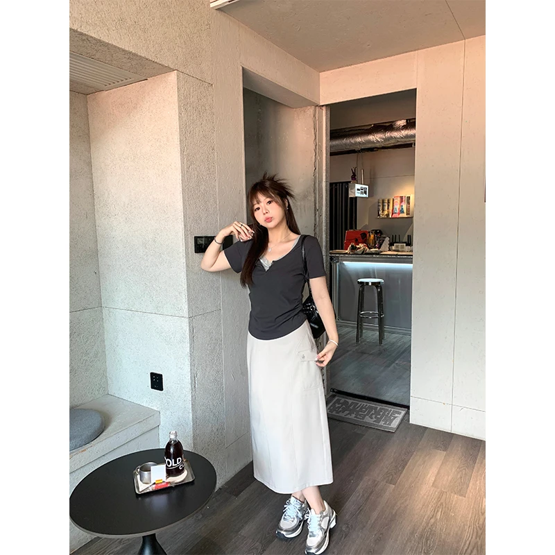 脚趾筋秋季随性工装长裙女遮胯显瘦微胖mm韩版通勤A字半身短裙