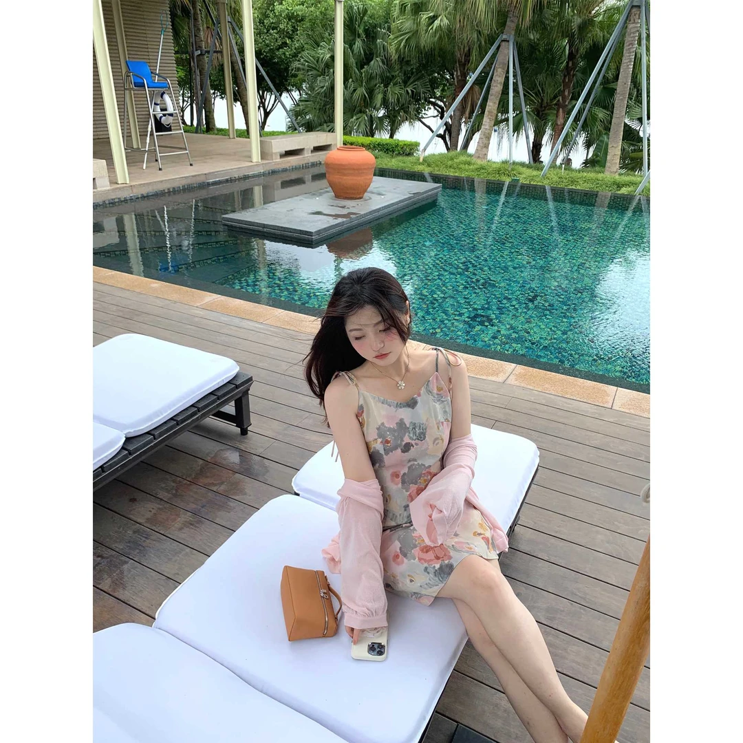 脚趾筋夏季新款''黎巴嫩油画裙''吊带裙微胖mm法式碎花复古连衣裙