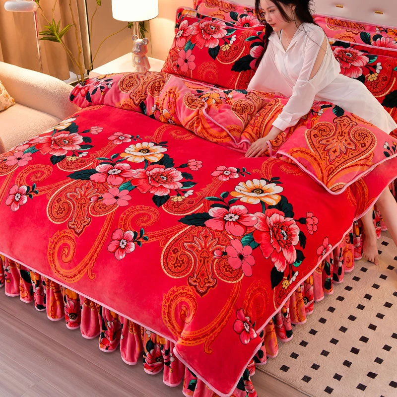 冬季加厚牛奶绒四件套保暖床上用品三件被套床裙加绒双面绒床单款