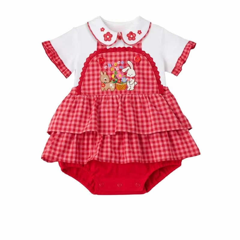mk童装新款女童CS卡通小兔小鹿花边格子田鸡裤裙背带裤宝宝纯棉E